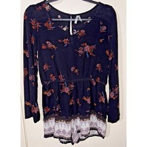 Mudd Romper Shorts Black Boho Floral Long Sleeve M